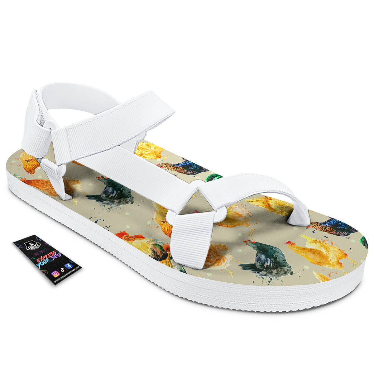Rooster Watercolor Print Pattern White Open Toe Sandals-grizzshop