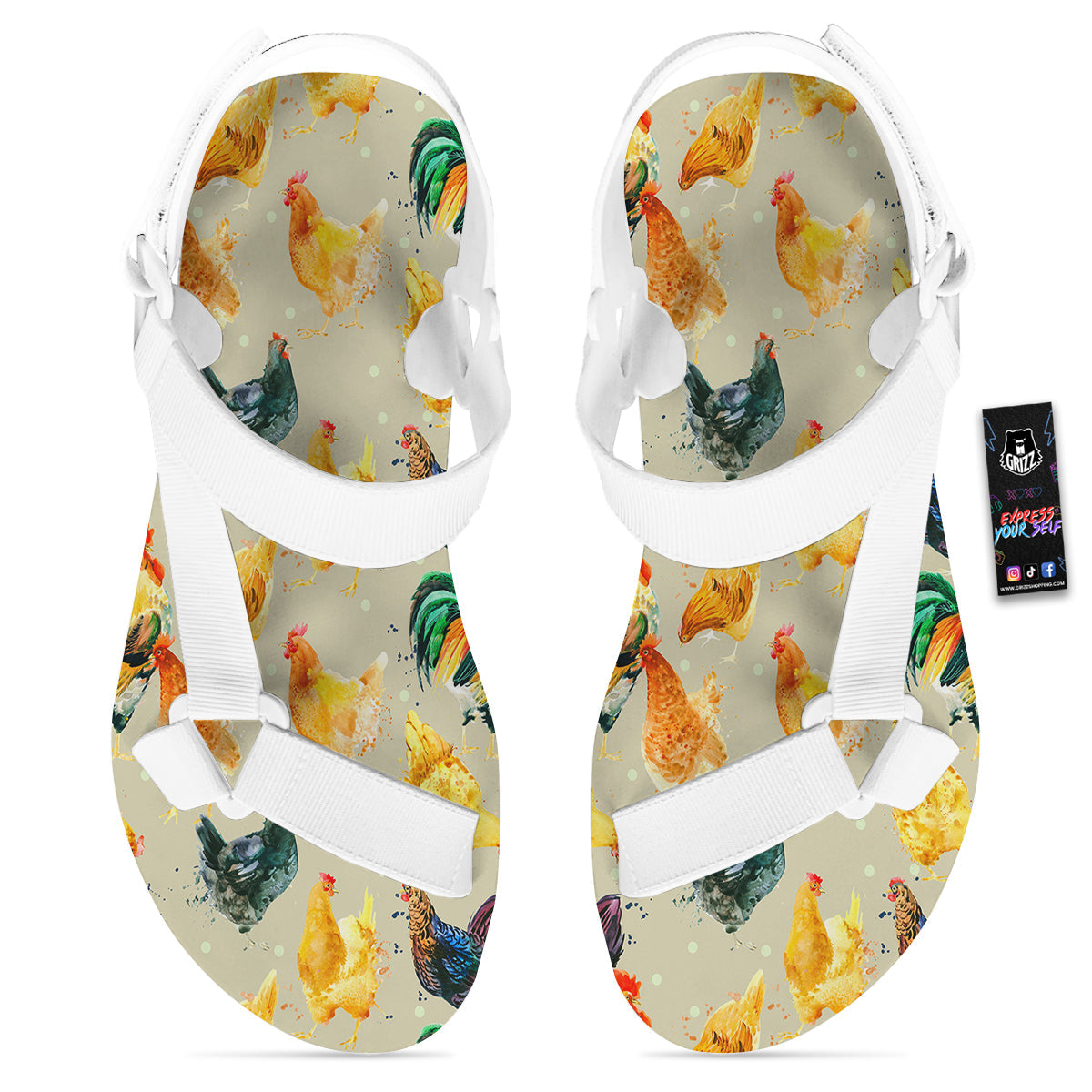 Rooster Watercolor Print Pattern White Open Toe Sandals-grizzshop
