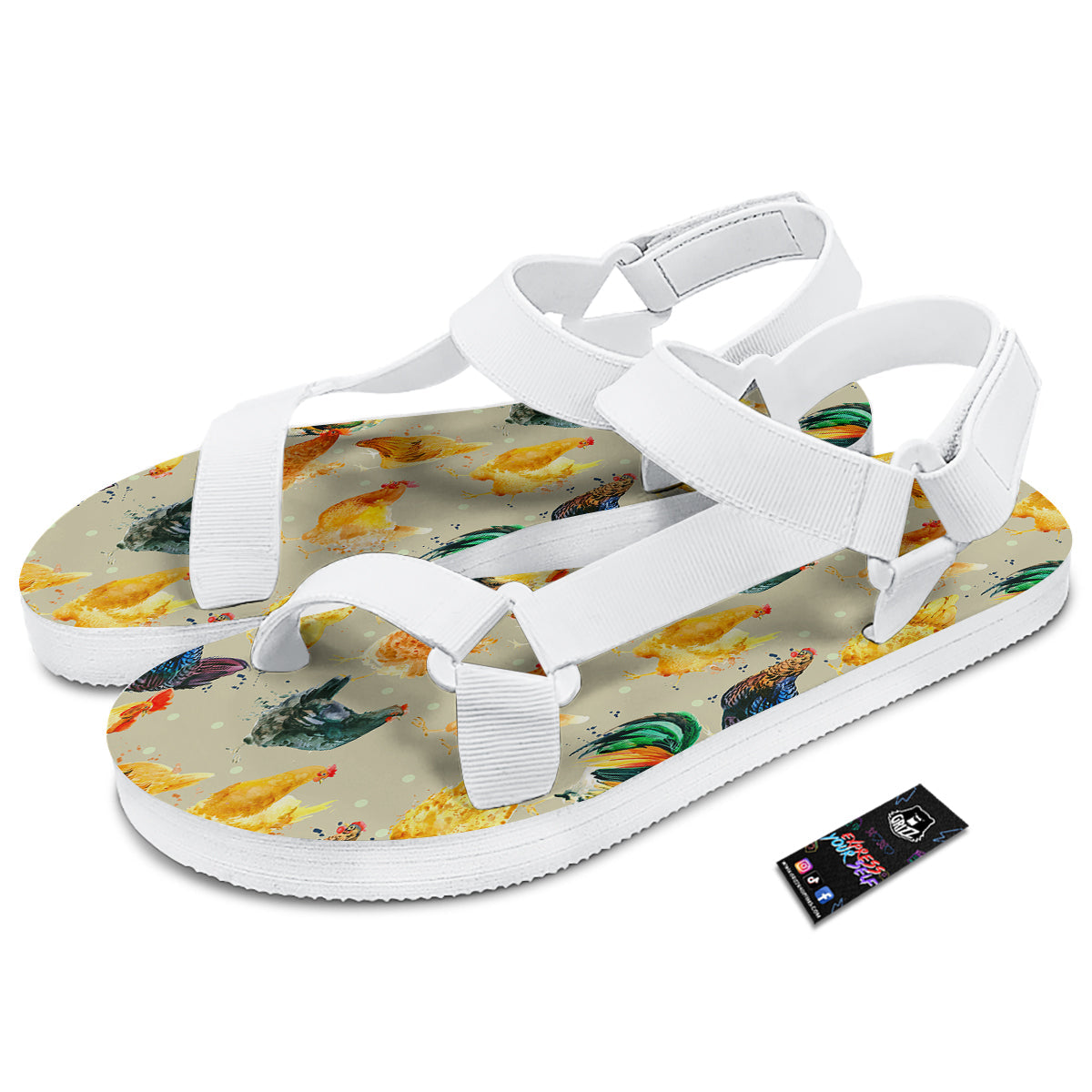 Rooster Watercolor Print Pattern White Open Toe Sandals-grizzshop