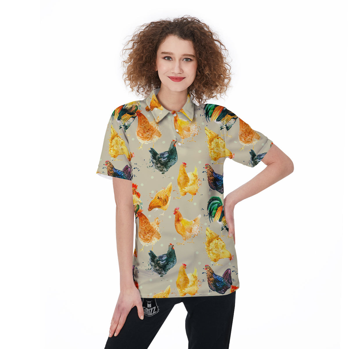 Rooster Watercolor Print Pattern Women's Golf Shirts-grizzshop