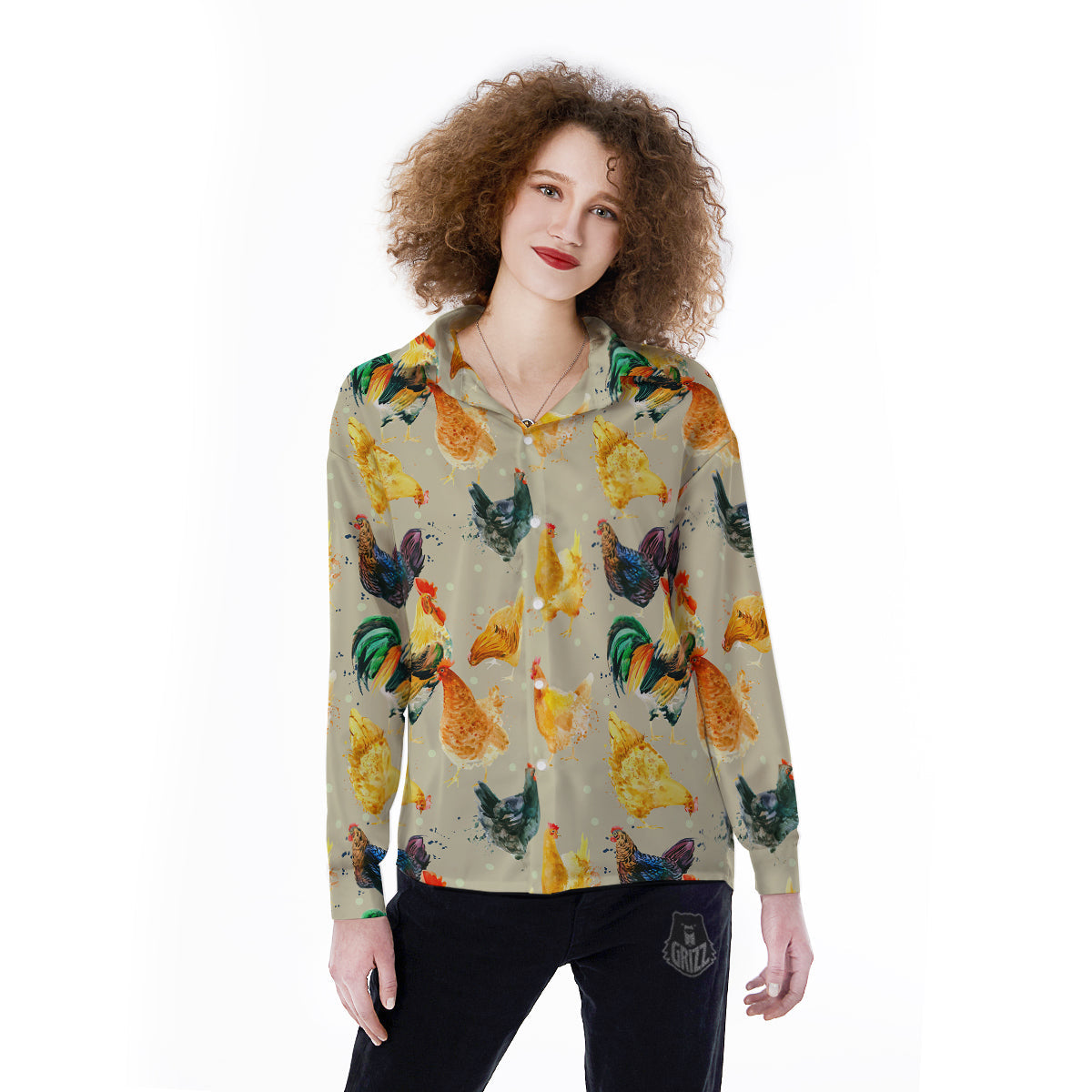 Rooster Watercolor Print Pattern Women's Long Sleeve Shirts-grizzshop