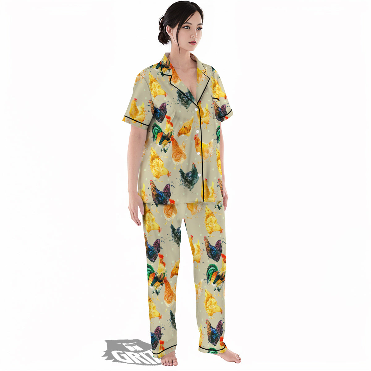 Rooster Watercolor Print Pattern Women's Pajamas Set-grizzshop