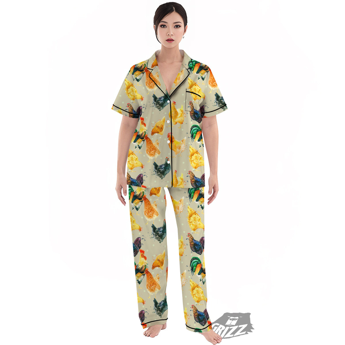 Rooster Watercolor Print Pattern Women's Pajamas Set-grizzshop