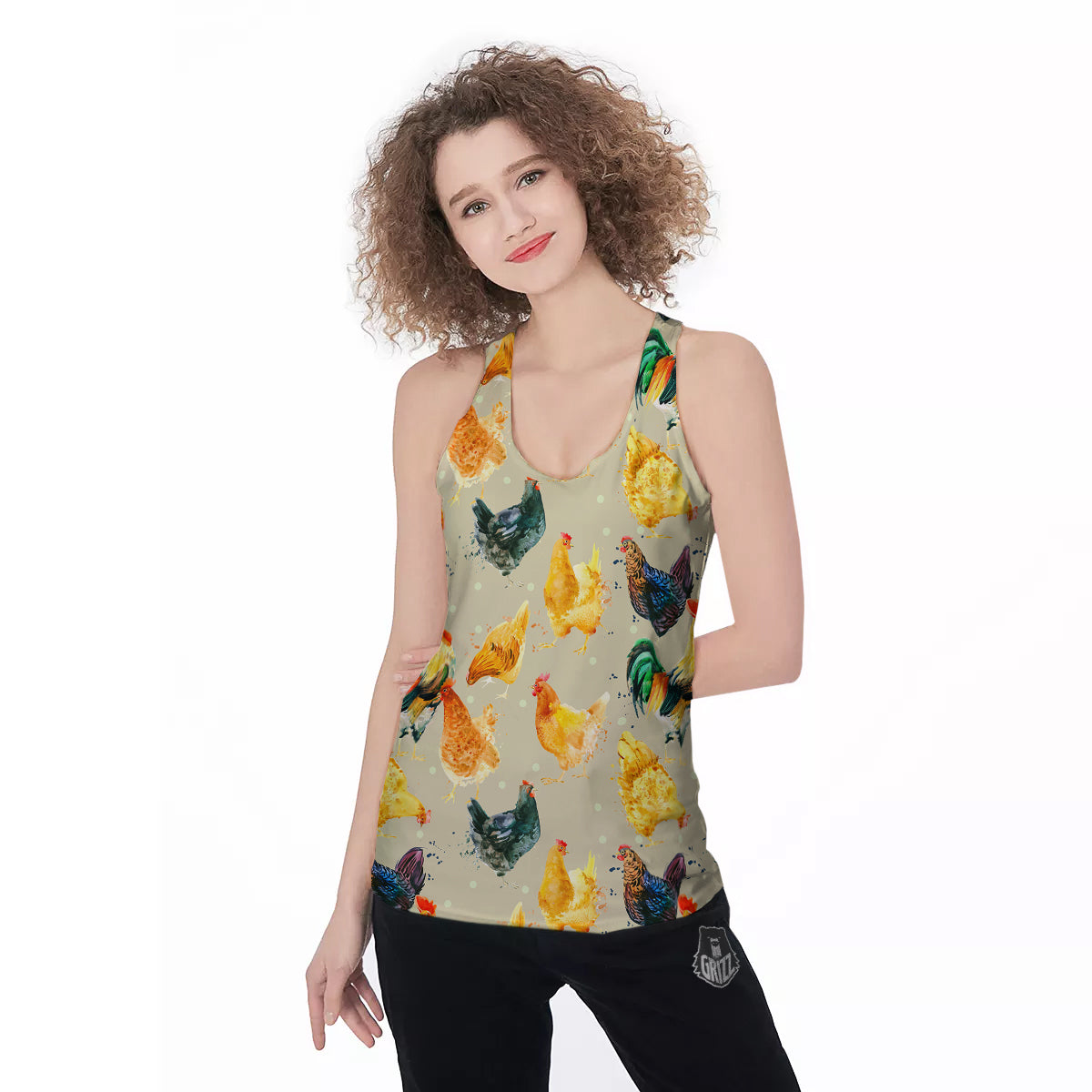 Rooster Watercolor Print Pattern Women's Racerback Tank Top-grizzshop