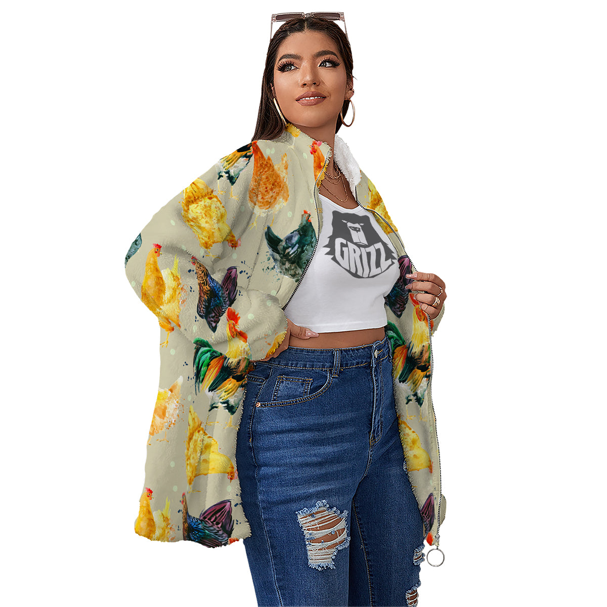 Rooster Watercolor Print Pattern Women's Sherpa Jacket-grizzshop