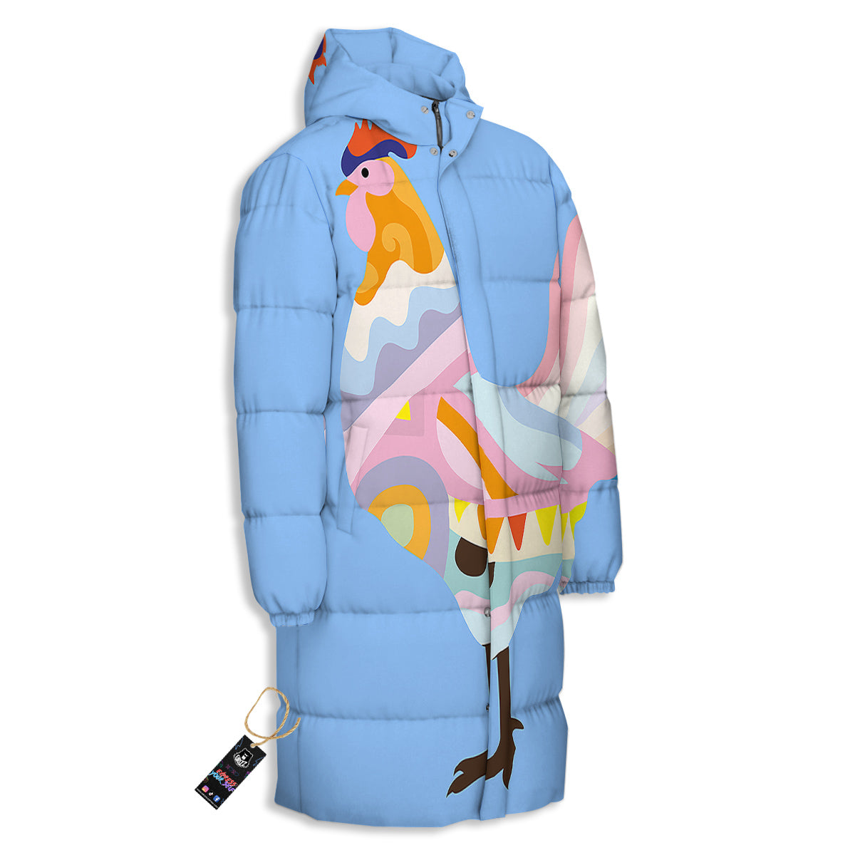 Rooster Colorful Print Long Down Jacket