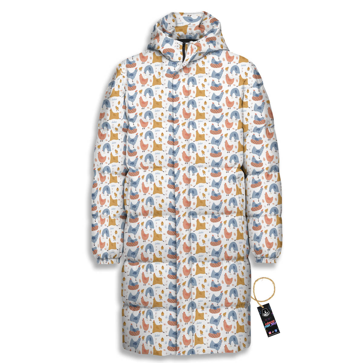 Rooster Colorful Print Pattern Long Down Jacket