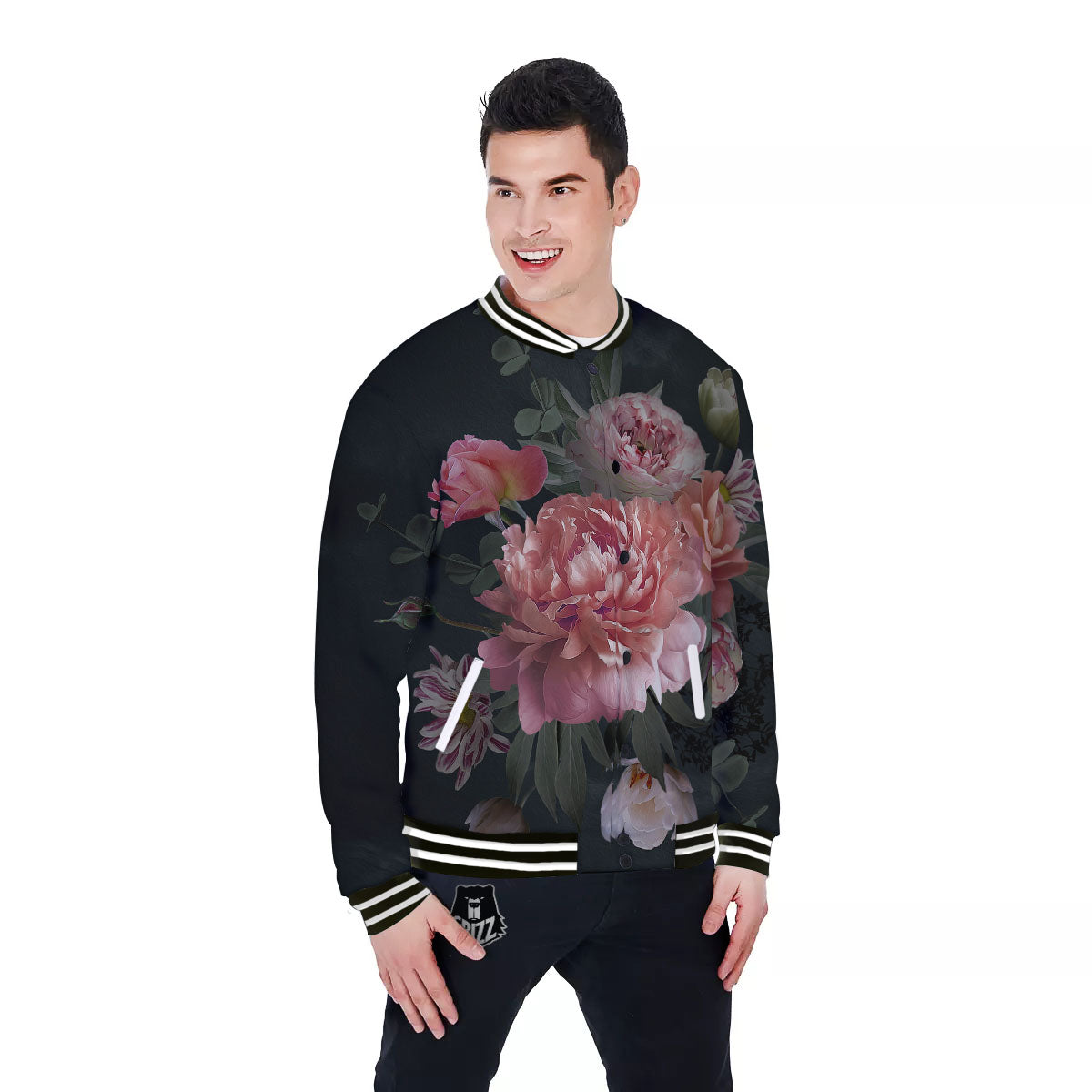 Rose And Peony Print Baseball Jacket-grizzshop