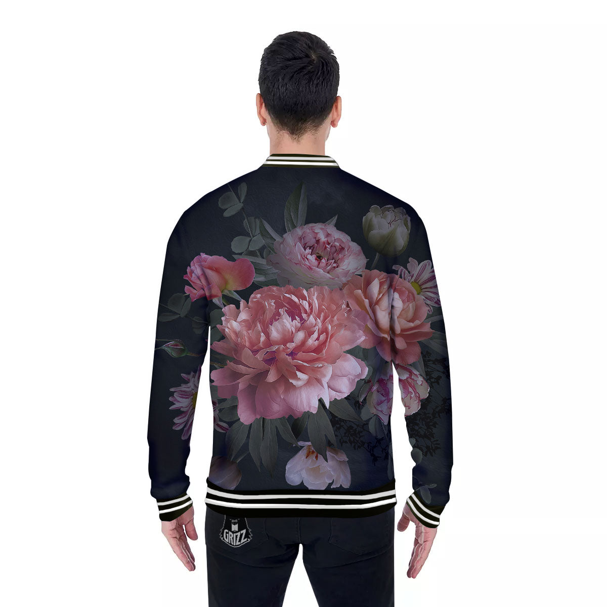 Rose And Peony Print Baseball Jacket-grizzshop