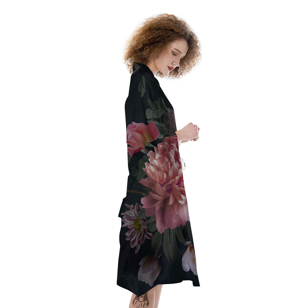 Rose And Peony Print Kimono-grizzshop