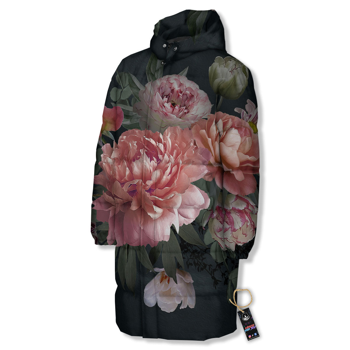 Rose And Peony Print Long Down Jacket-grizzshop