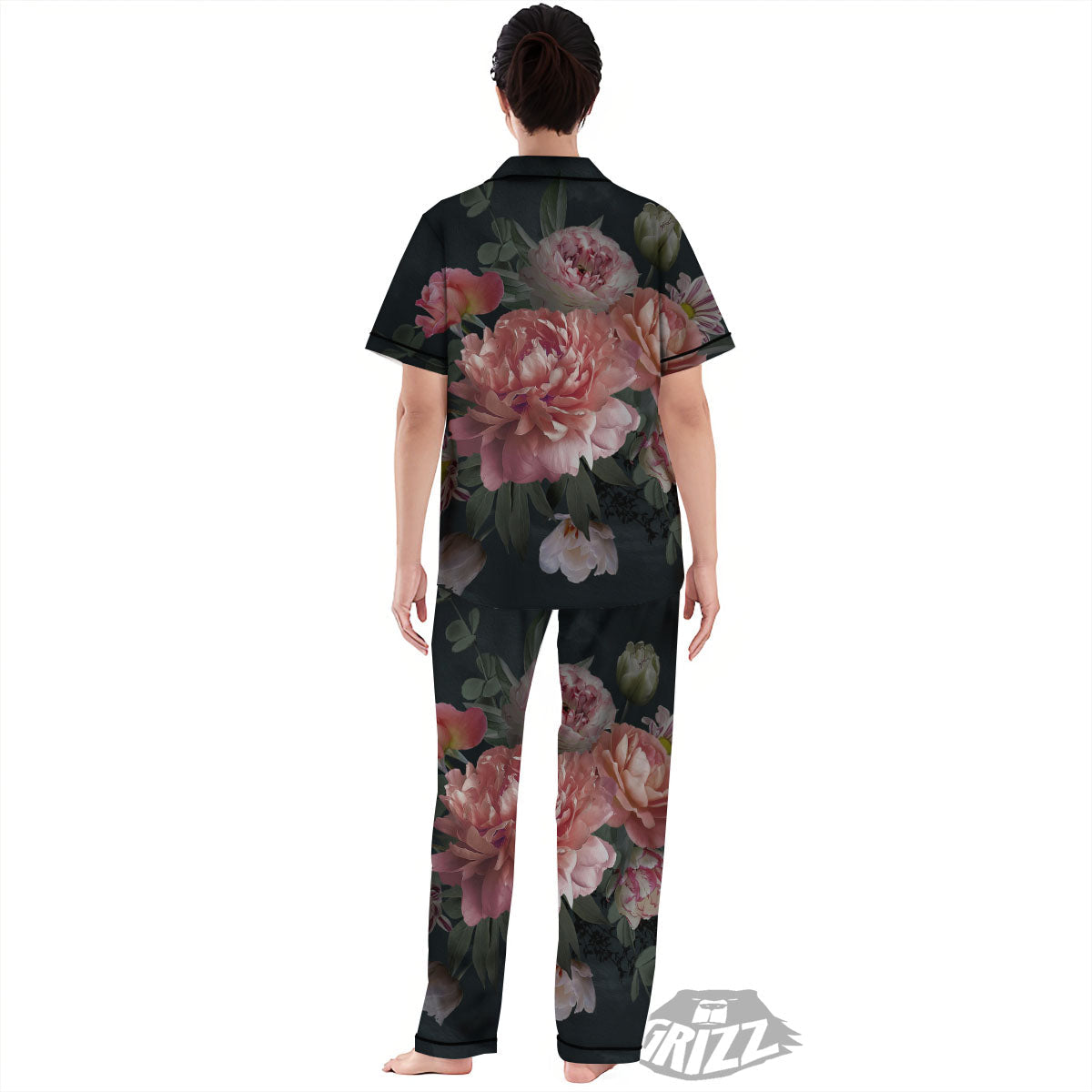 Rose And Peony Print Women's Pajamas Set-grizzshop