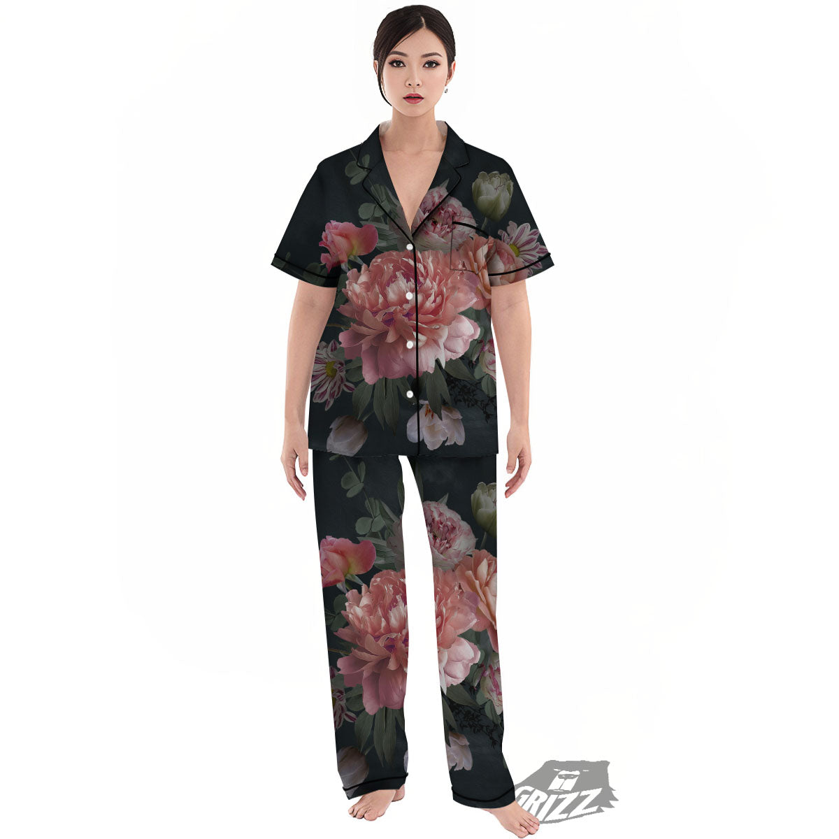 Rose And Peony Print Women's Pajamas Set-grizzshop
