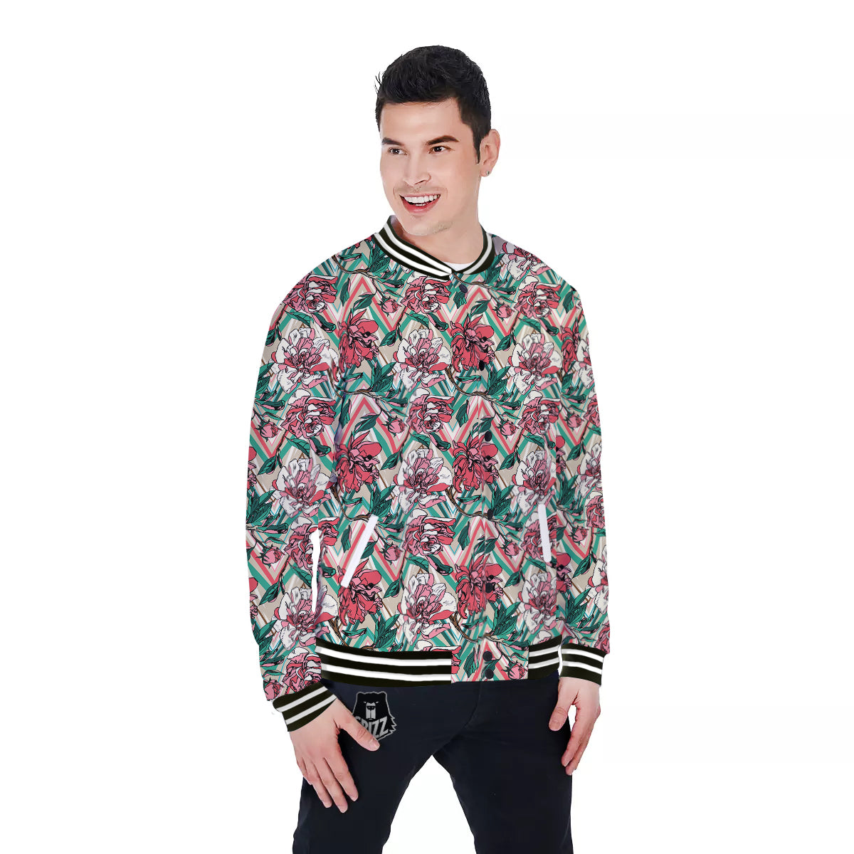 Rose And Zigzag Peony Print Pattern Baseball Jacket-grizzshop