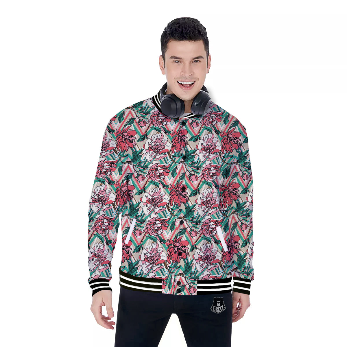 Rose And Zigzag Peony Print Pattern Baseball Jacket-grizzshop