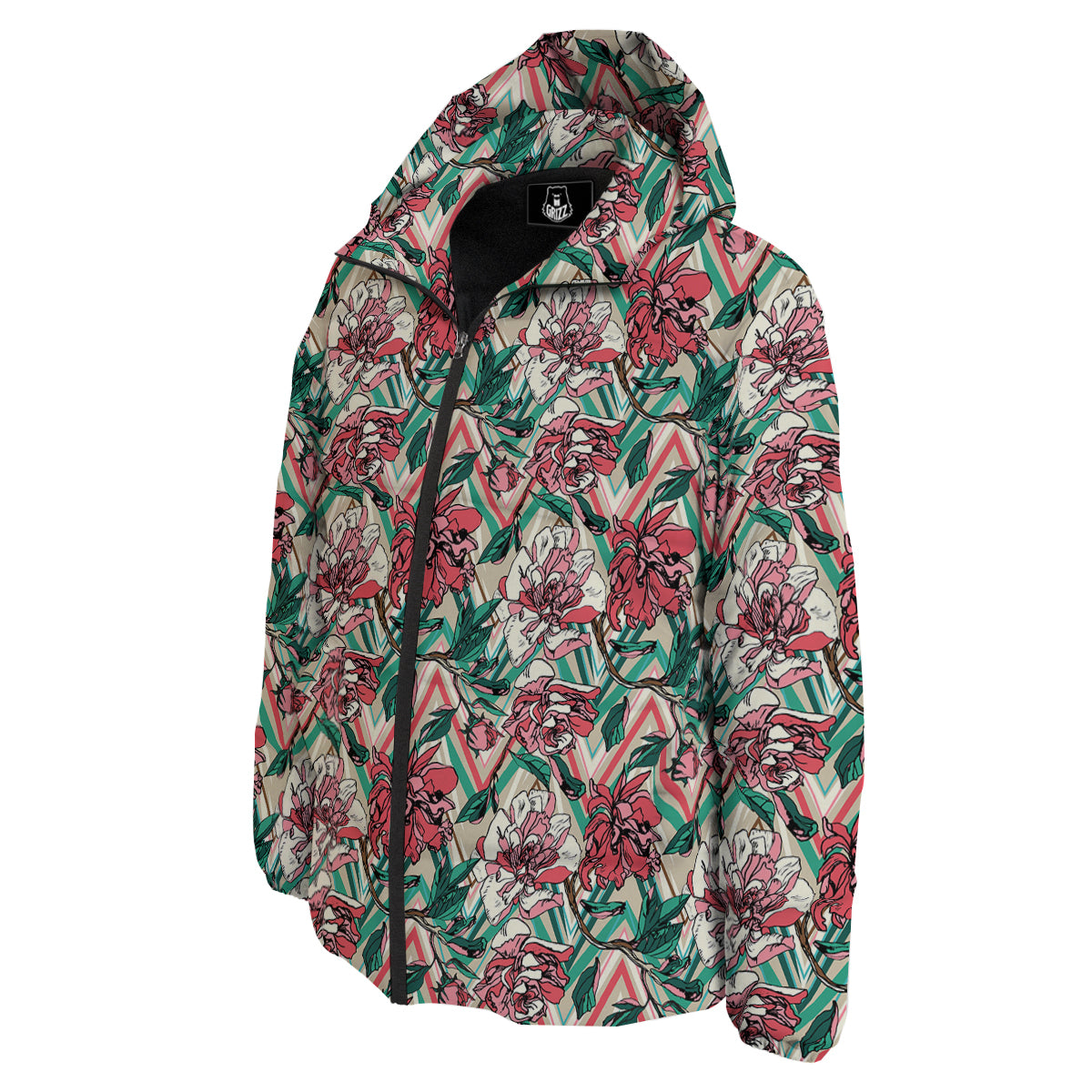 Rose And Zigzag Peony Print Pattern Down Jacket-grizzshop