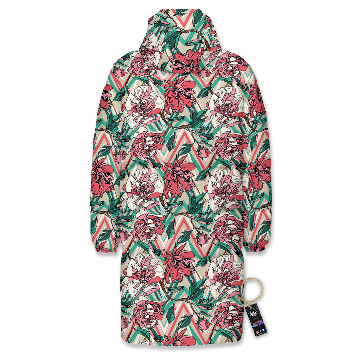 Rose And Zigzag Peony Print Pattern Long Down Jacket-grizzshop