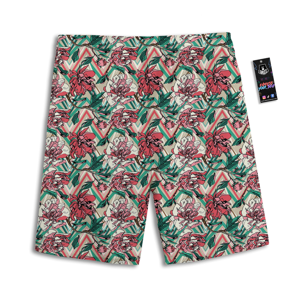 Rose And Zigzag Peony Print Pattern Men's Athletic Shorts
