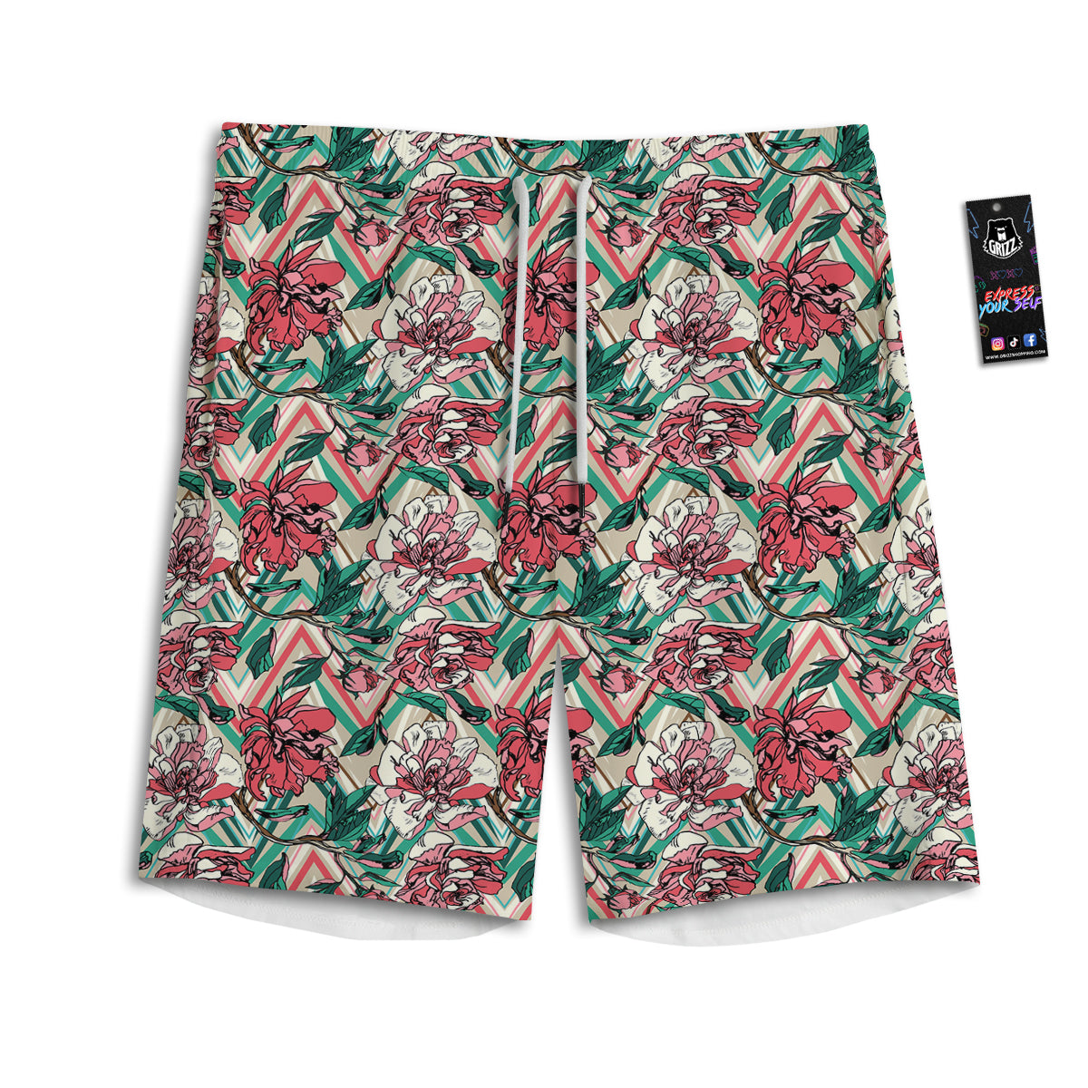 Rose And Zigzag Peony Print Pattern Men's Athletic Shorts
