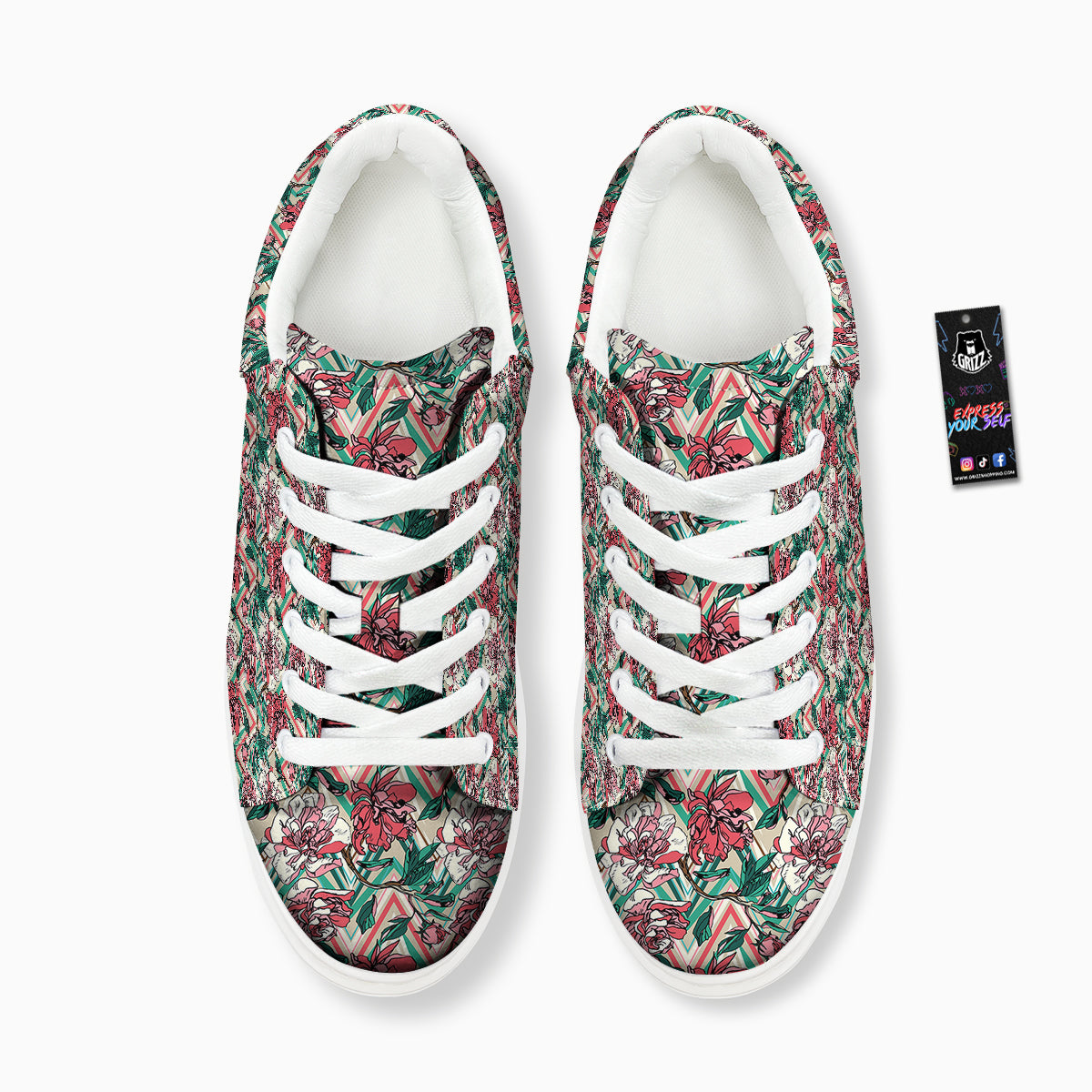 Rose And Zigzag Peony Print Pattern Platform Shoes-grizzshop