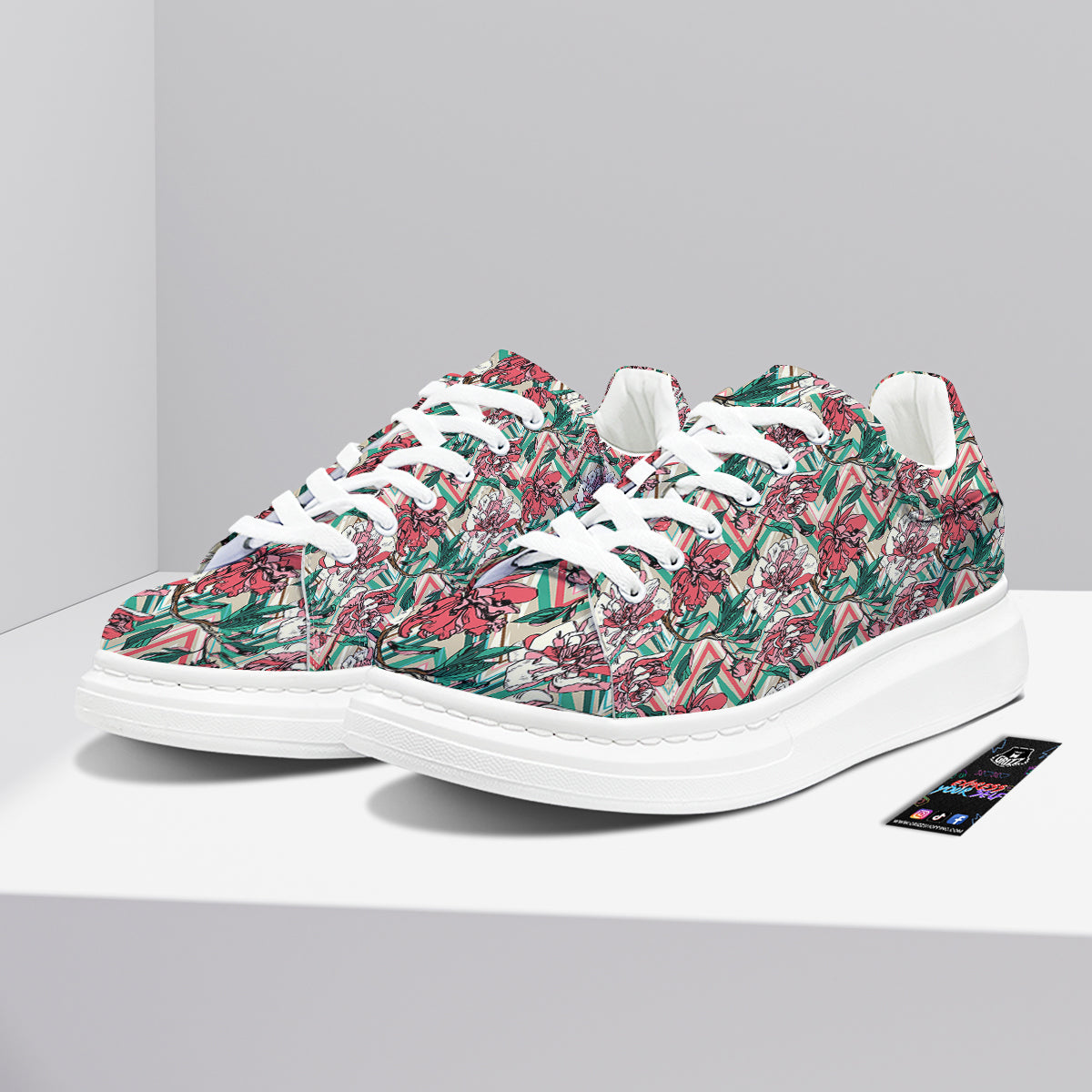 Rose And Zigzag Peony Print Pattern Platform Shoes-grizzshop