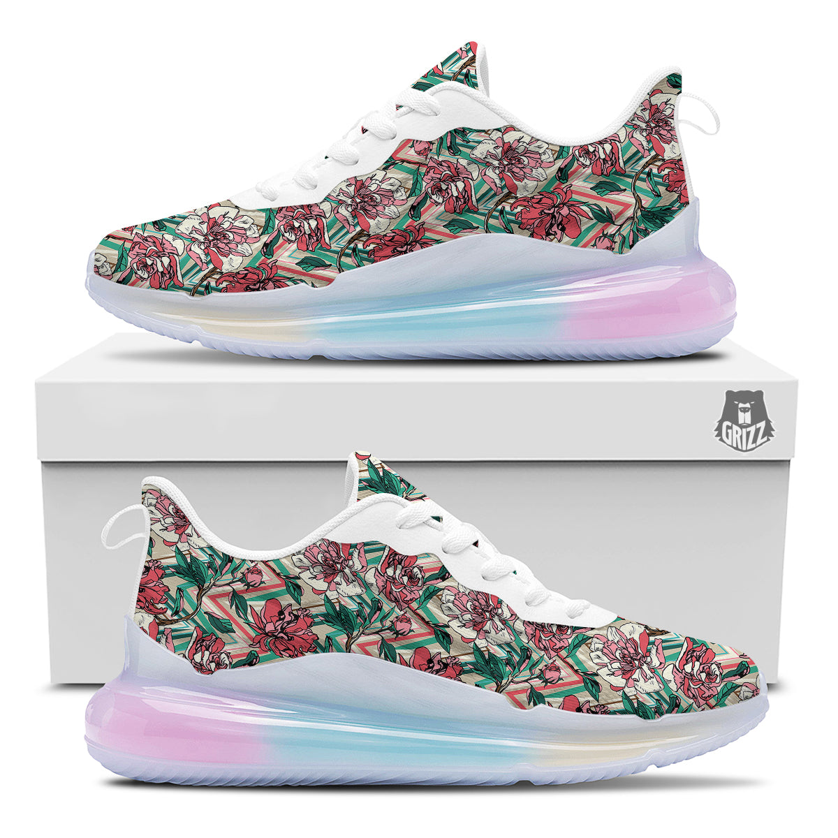 Rose And Zigzag Peony Print Pattern Running Sneakers-grizzshop