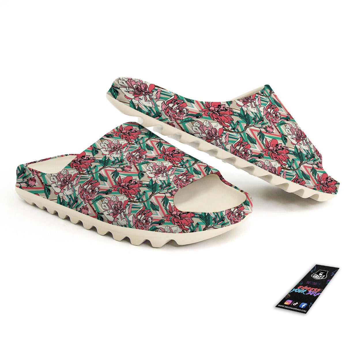 Rose And Zigzag Peony Print Pattern Sandals-grizzshop