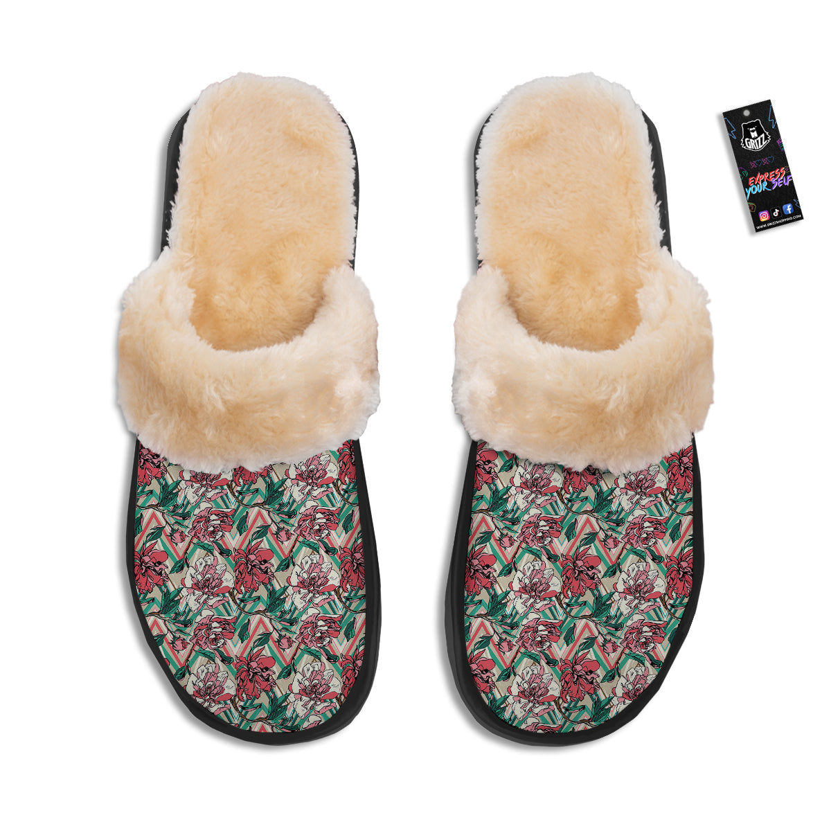 Rose And Zigzag Peony Print Pattern Slippers-grizzshop