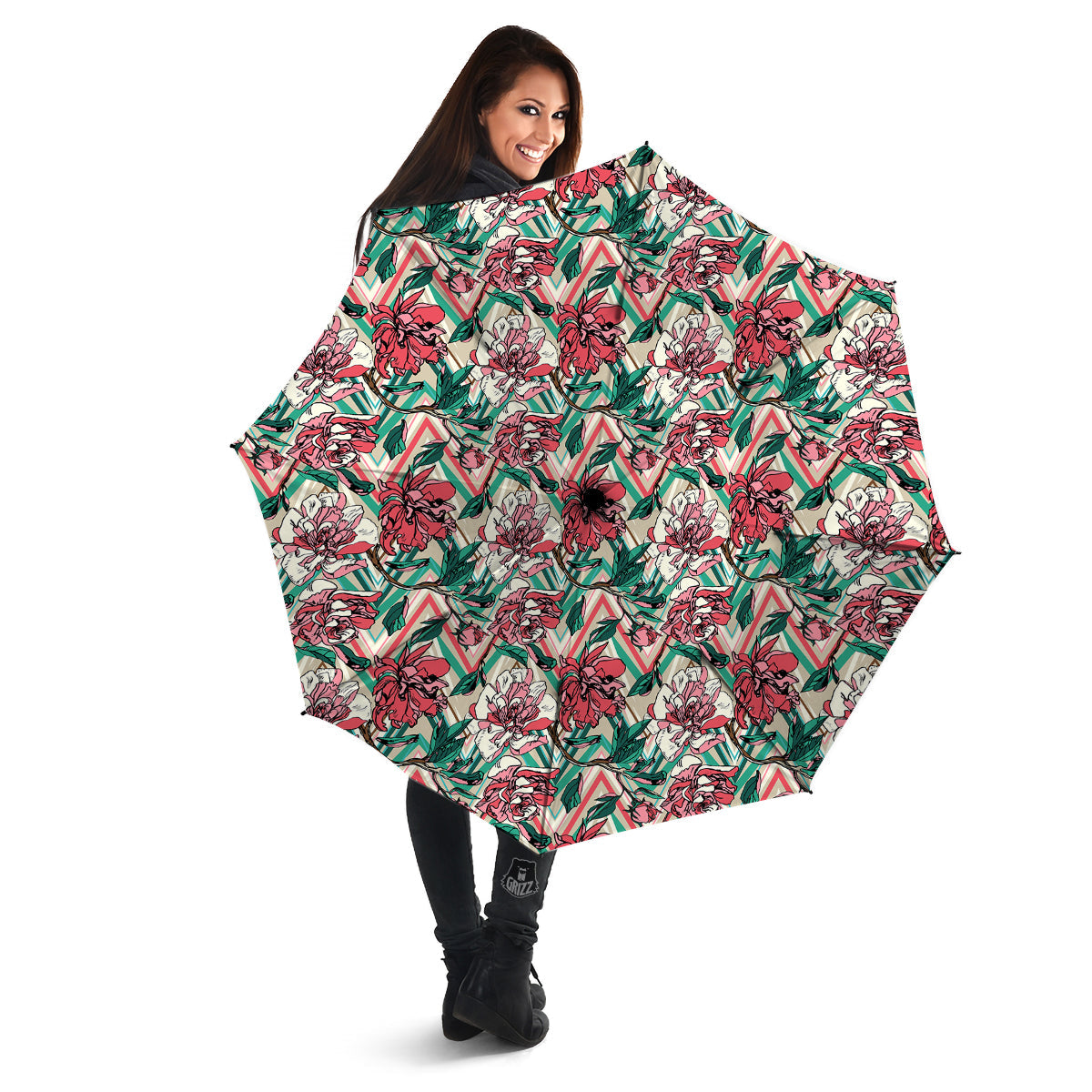 Rose And Zigzag Peony Print Pattern Umbrella-grizzshop