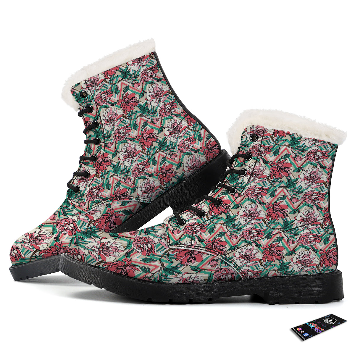 Rose And Zigzag Peony Print Pattern Winter Boots-grizzshop