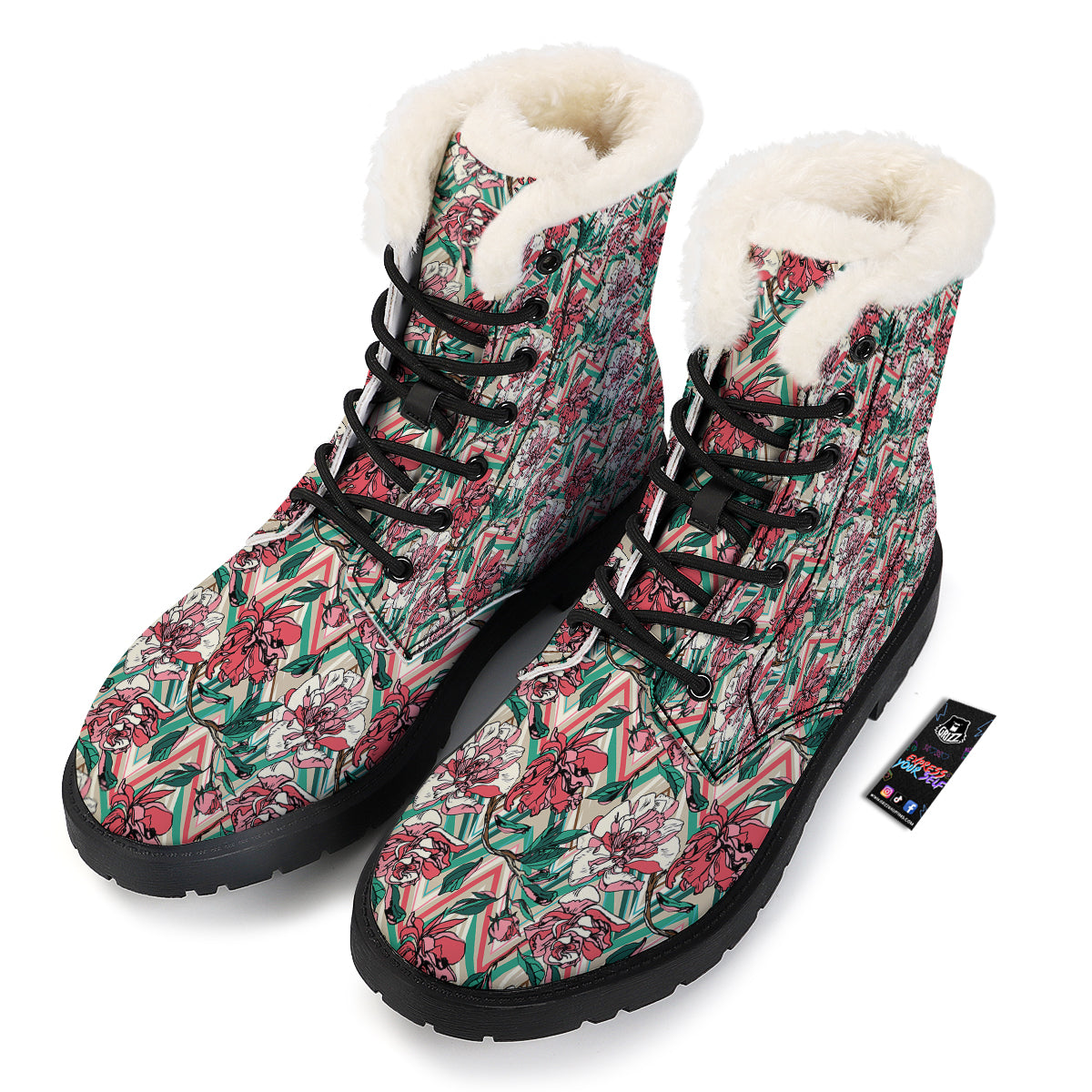 Rose And Zigzag Peony Print Pattern Winter Boots-grizzshop