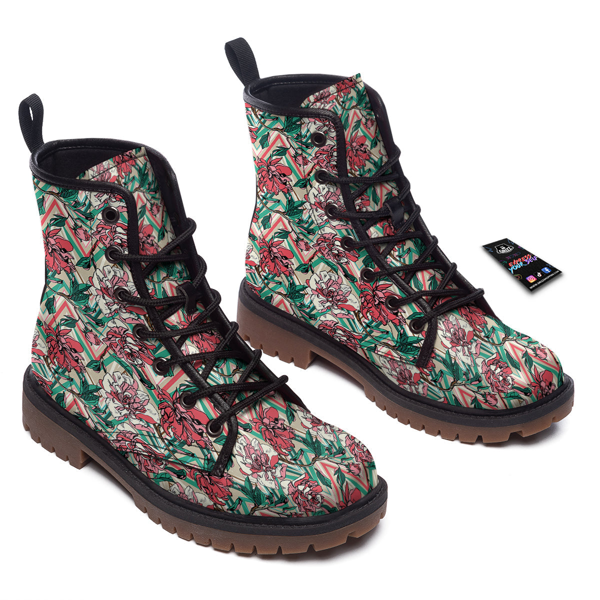 Rose And Zigzag Peony Print Pattern Work Boots-grizzshop