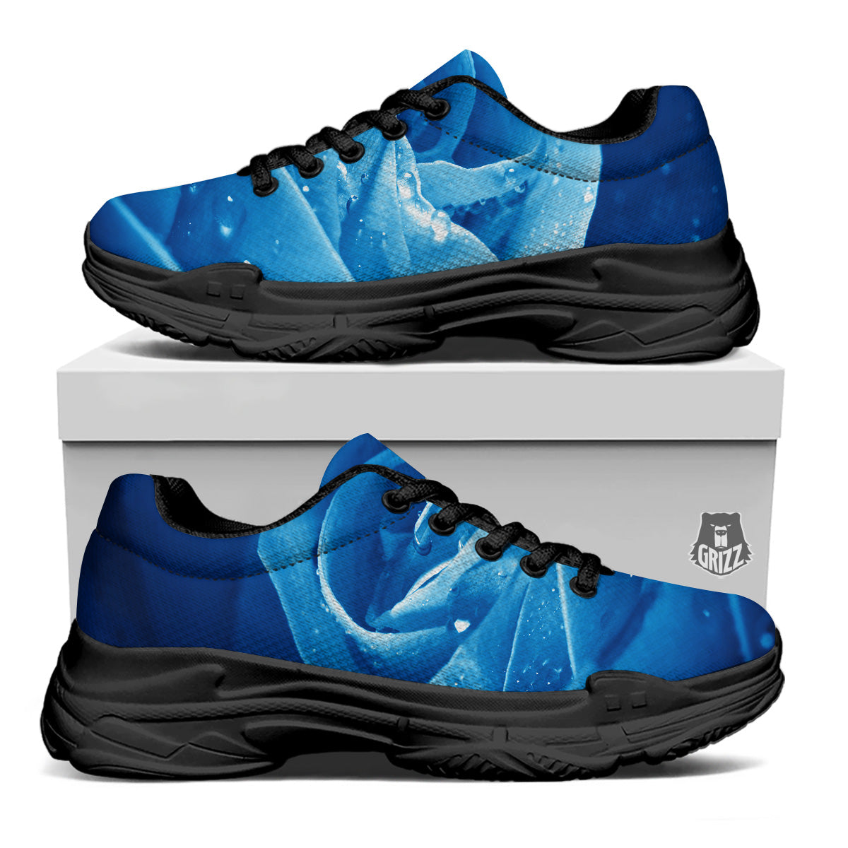 Rose Blue Print Black Chunky Shoes-grizzshop