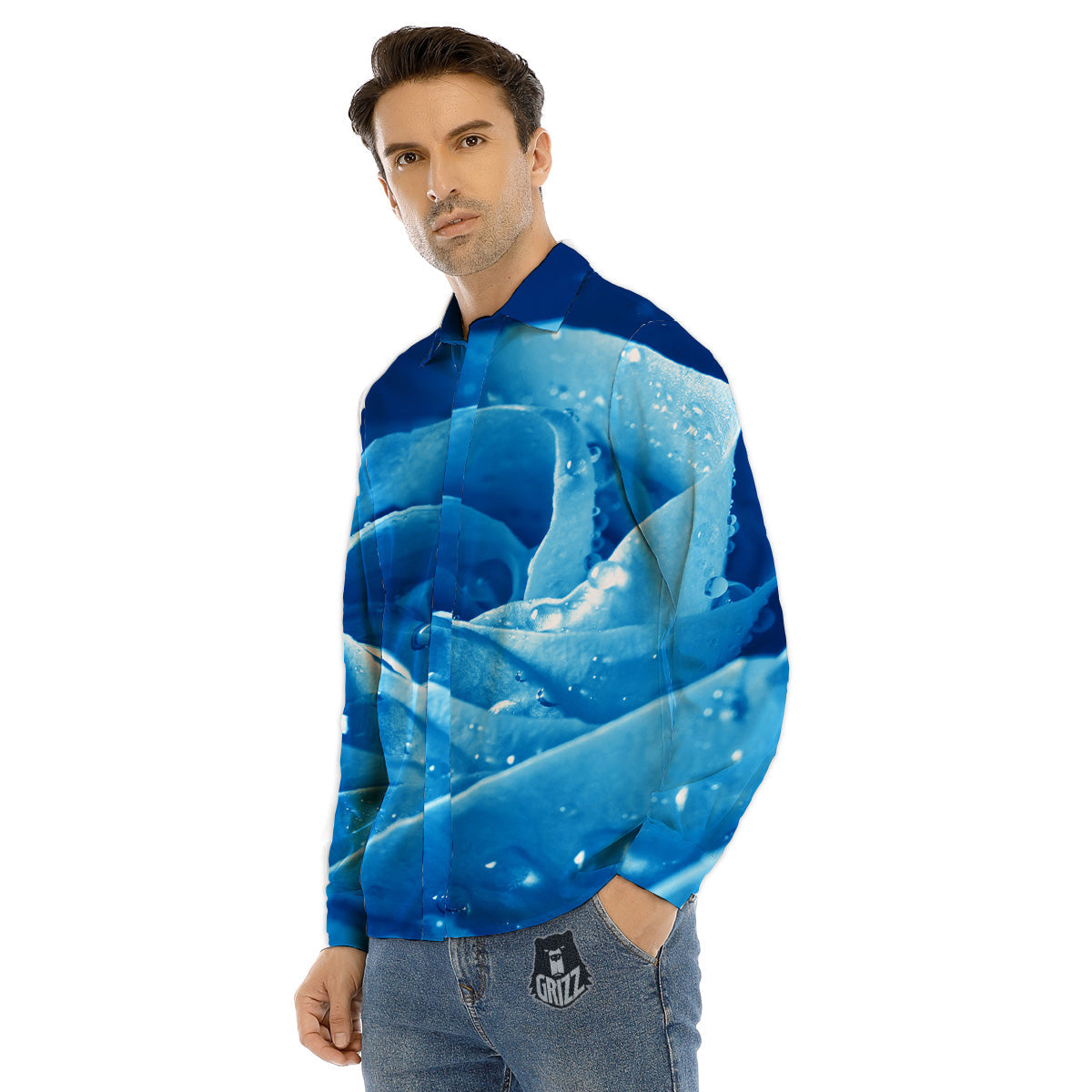 Rose Blue Print Men's Dress Shirts-grizzshop