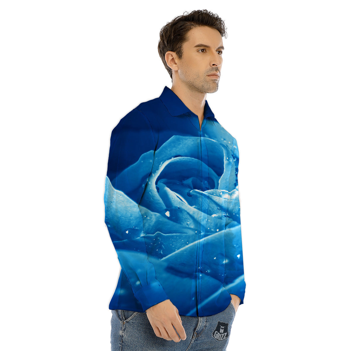 Rose Blue Print Men's Dress Shirts-grizzshop