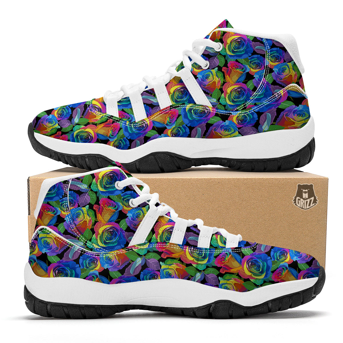 Rose Colorful Rainbow Pattern Print White Bball Shoes-grizzshop