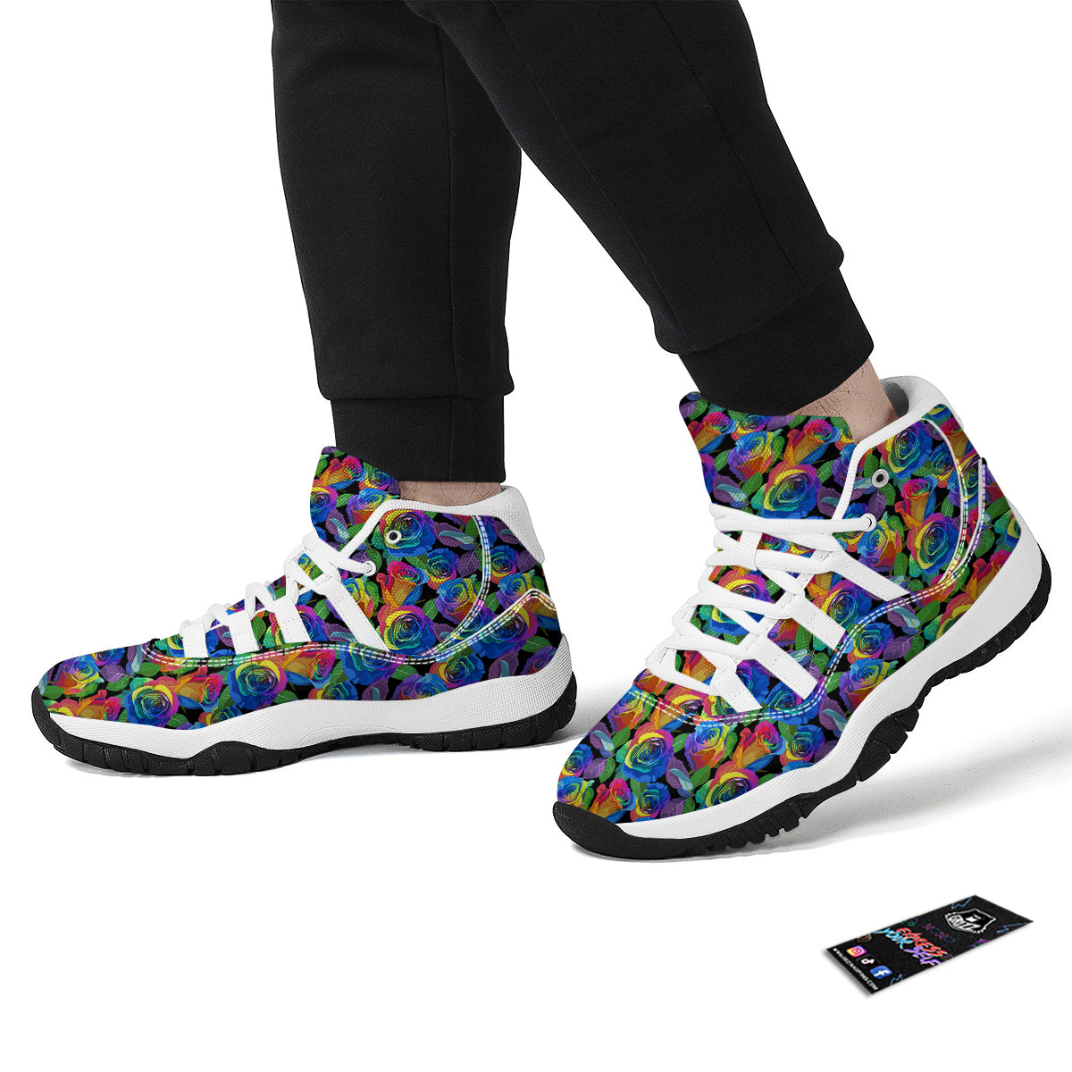 Rose Colorful Rainbow Pattern Print White Bball Shoes-grizzshop