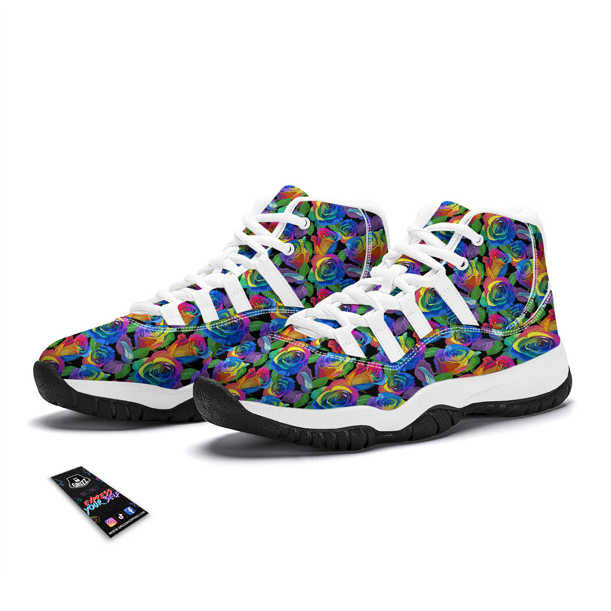 Rose Colorful Rainbow Pattern Print White Bball Shoes-grizzshop