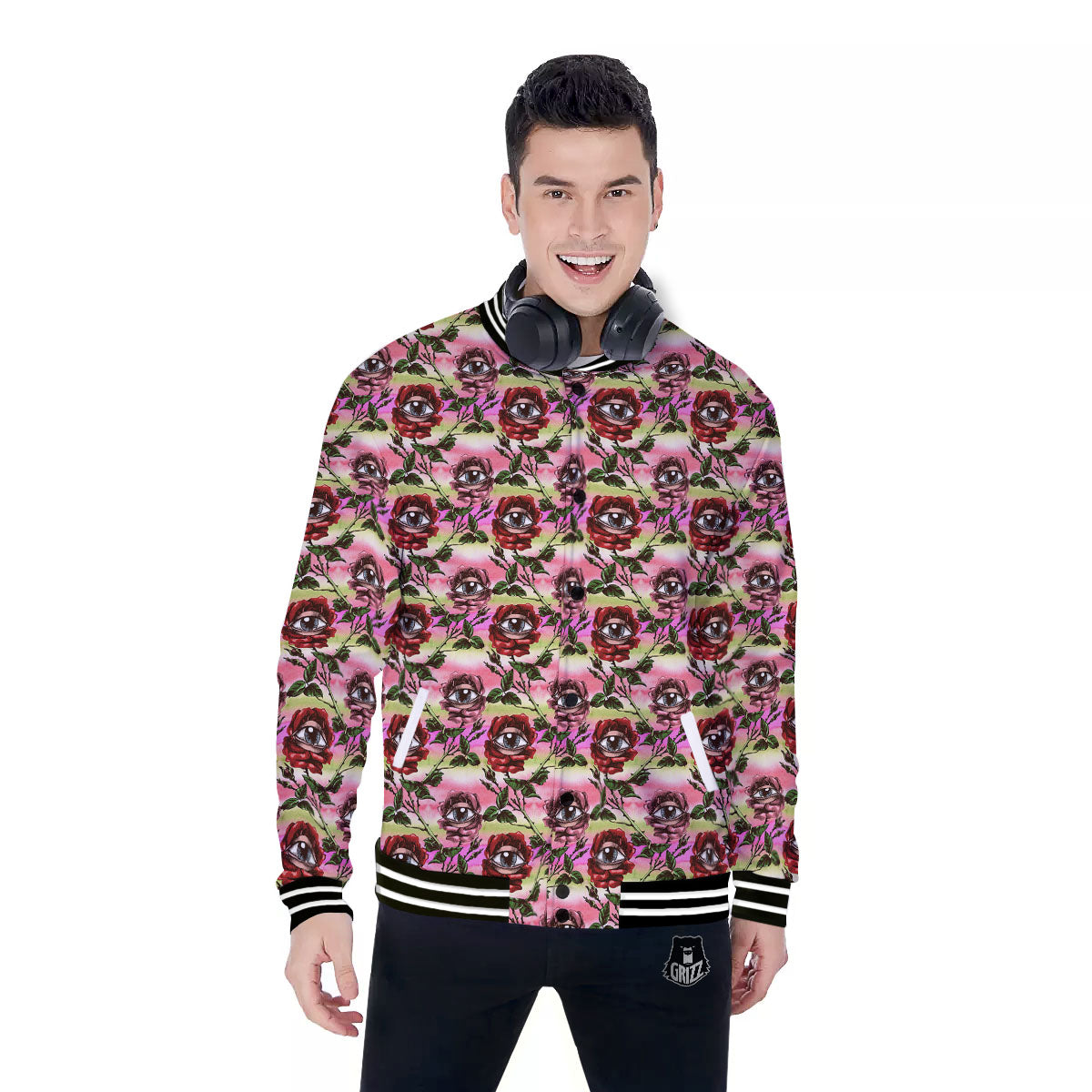Rose Eyeball Print Pattern Baseball Jacket-grizzshop