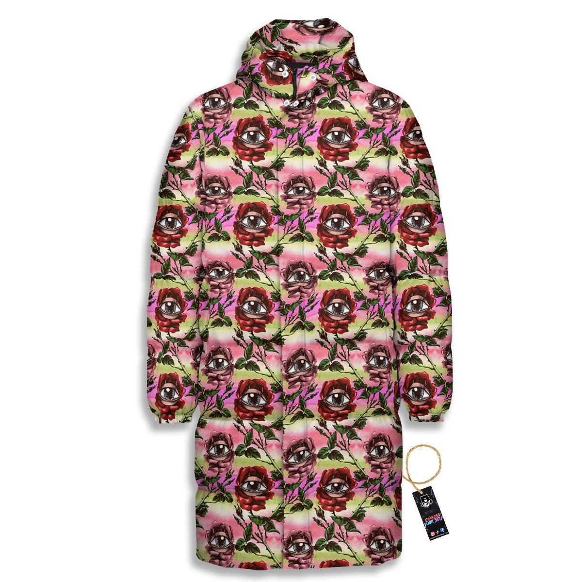 Rose Eyeball Print Pattern Long Down Jacket-grizzshop
