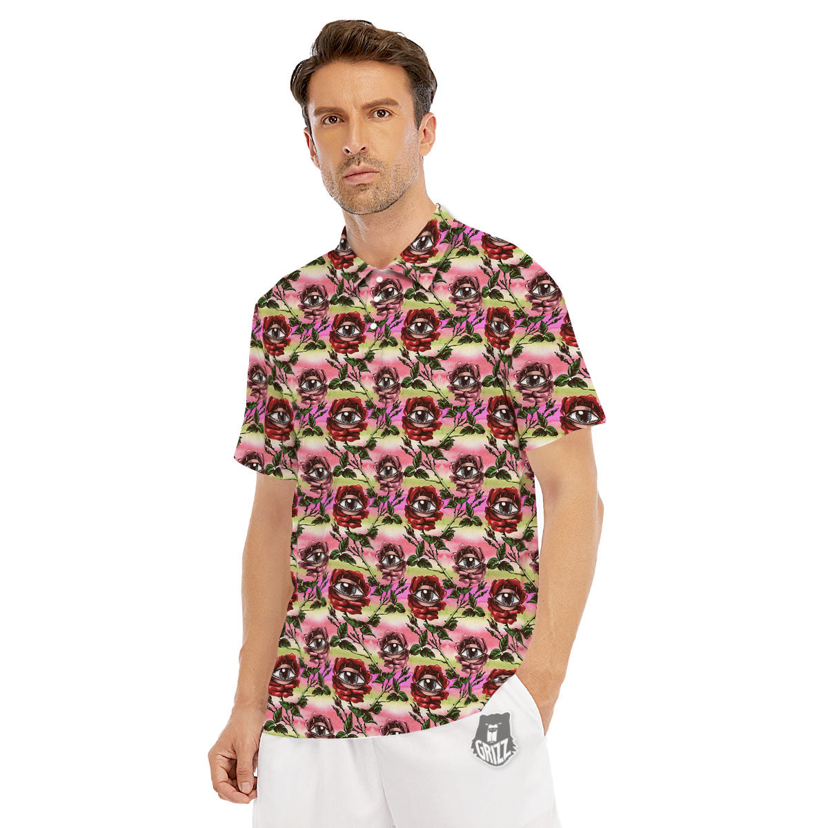 Rose Eyeball Print Pattern Men's Golf Shirts-grizzshop