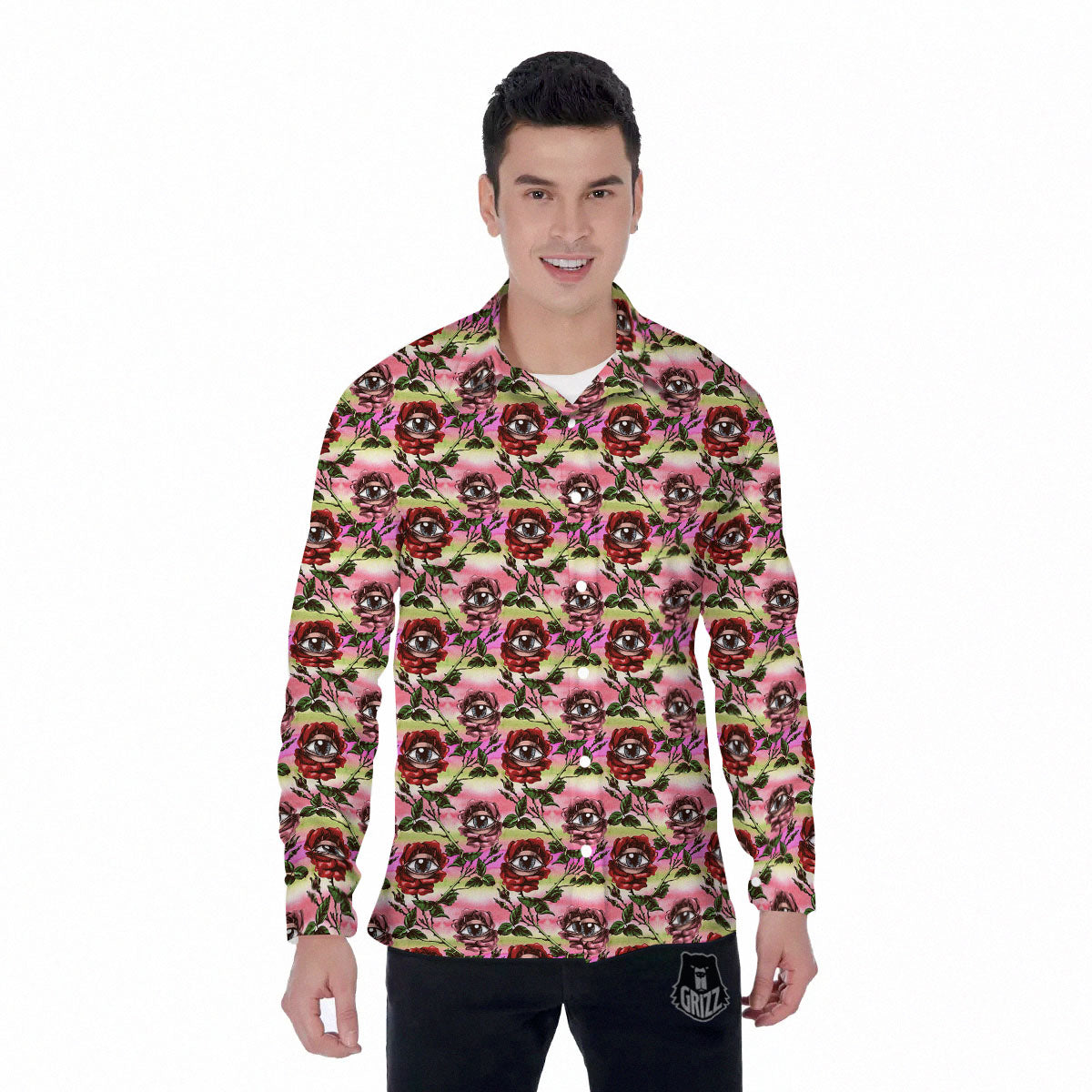 Rose Eyeball Print Pattern Men's Long Sleeve Shirts-grizzshop
