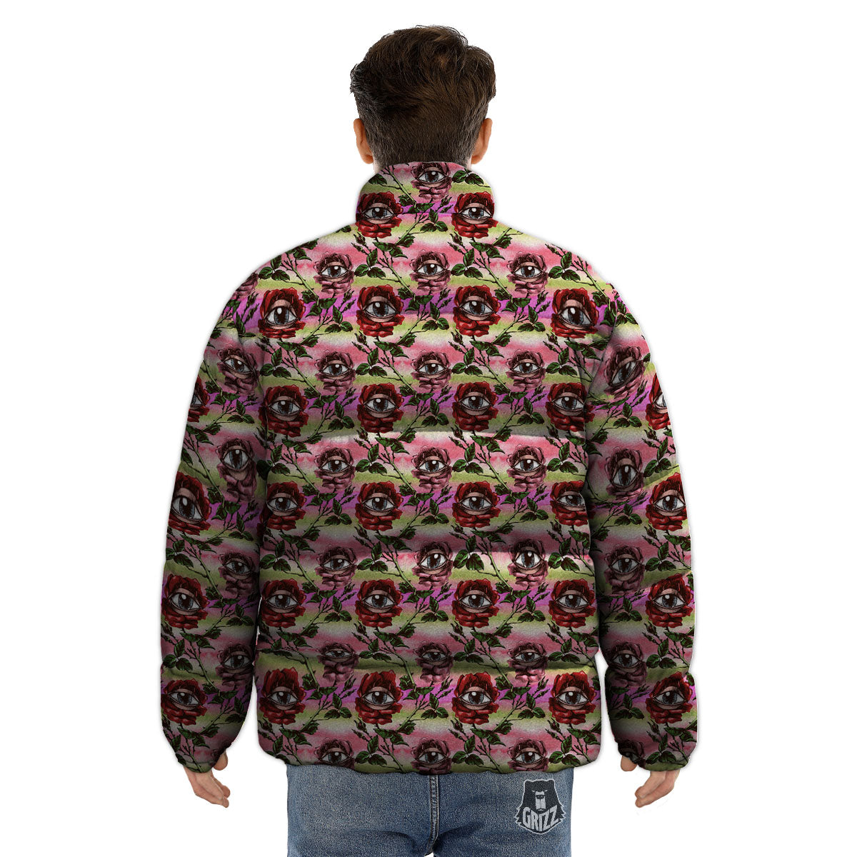 Rose Eyeball Print Pattern Puffer Jacket-grizzshop