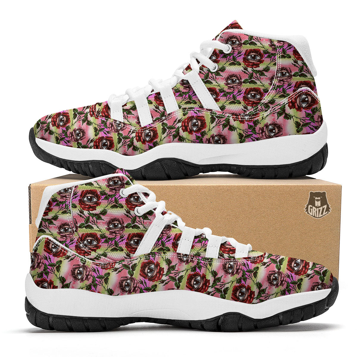 Rose Eyeball Print Pattern White Bball Shoes-grizzshop