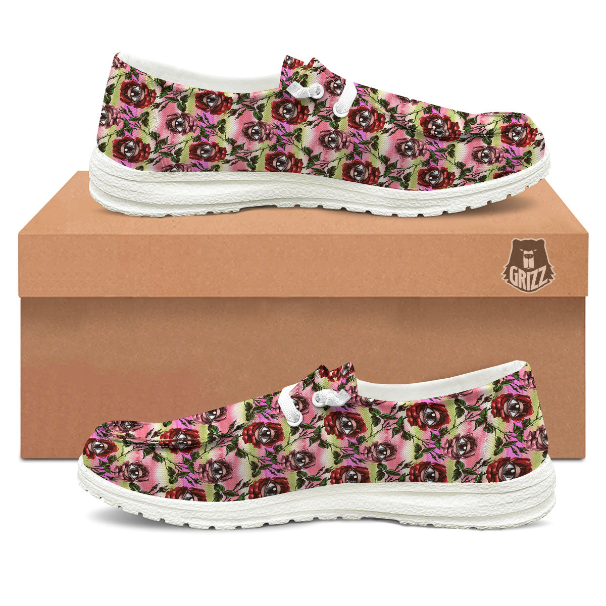 Rose Eyeball Print Pattern White Loafers-grizzshop