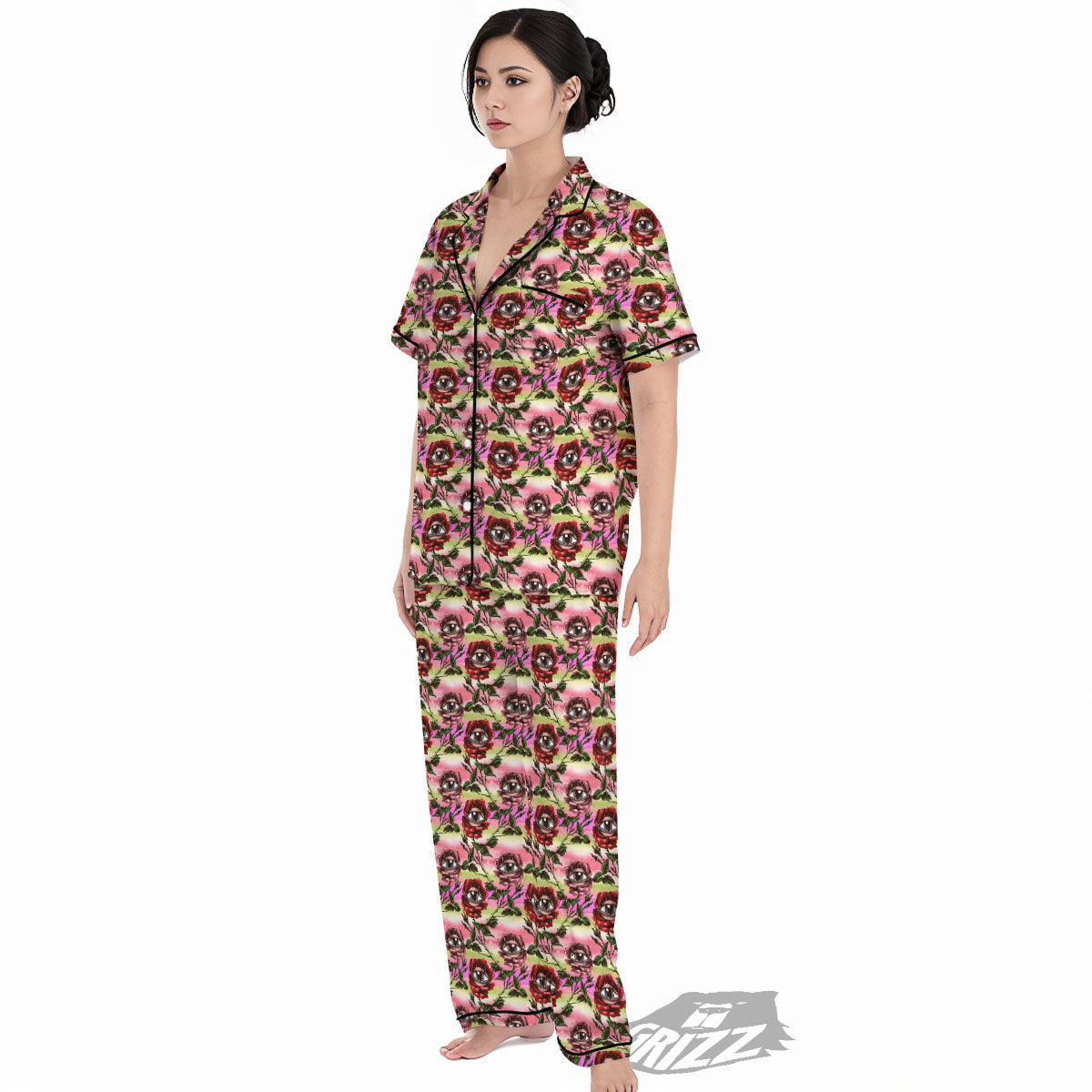 Rose Eyeball Print Pattern Women's Pajamas Set-grizzshop