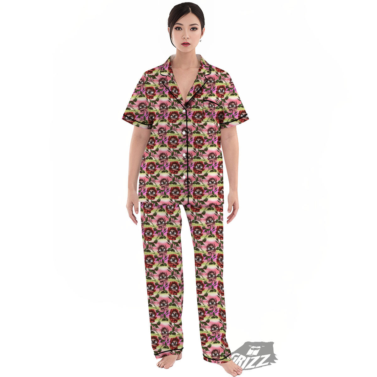 Rose Eyeball Print Pattern Women's Pajamas Set-grizzshop