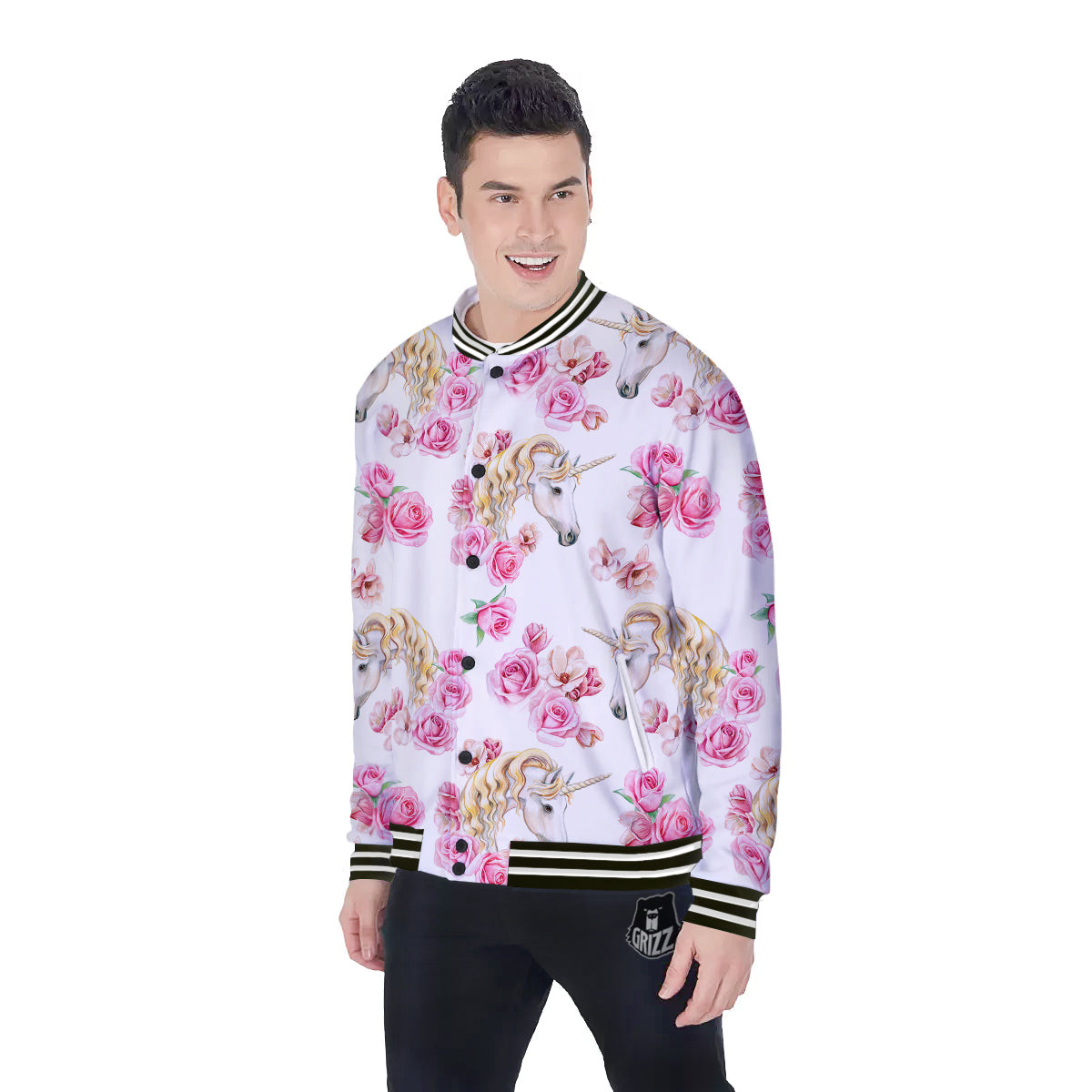 Rose Fairy White Unicorn Print Pattern Baseball Jacket-grizzshop