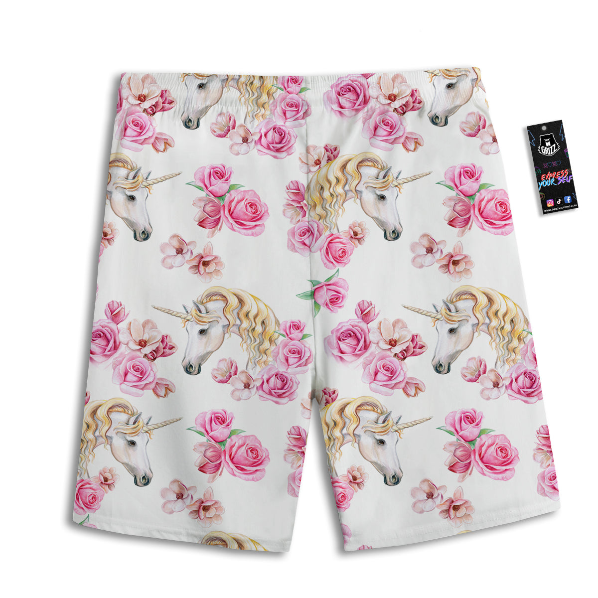Rose Fairy White Unicorn Print Pattern Men's Athletic Shorts