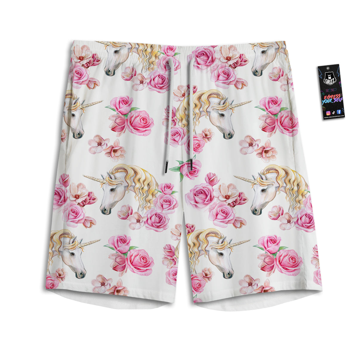 Rose Fairy White Unicorn Print Pattern Men's Athletic Shorts